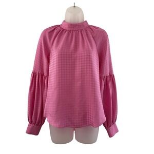 Veronica Beard Blouse Womens 4 Pink Jacquard Mock‎ Neck Balloon Sleeve Top